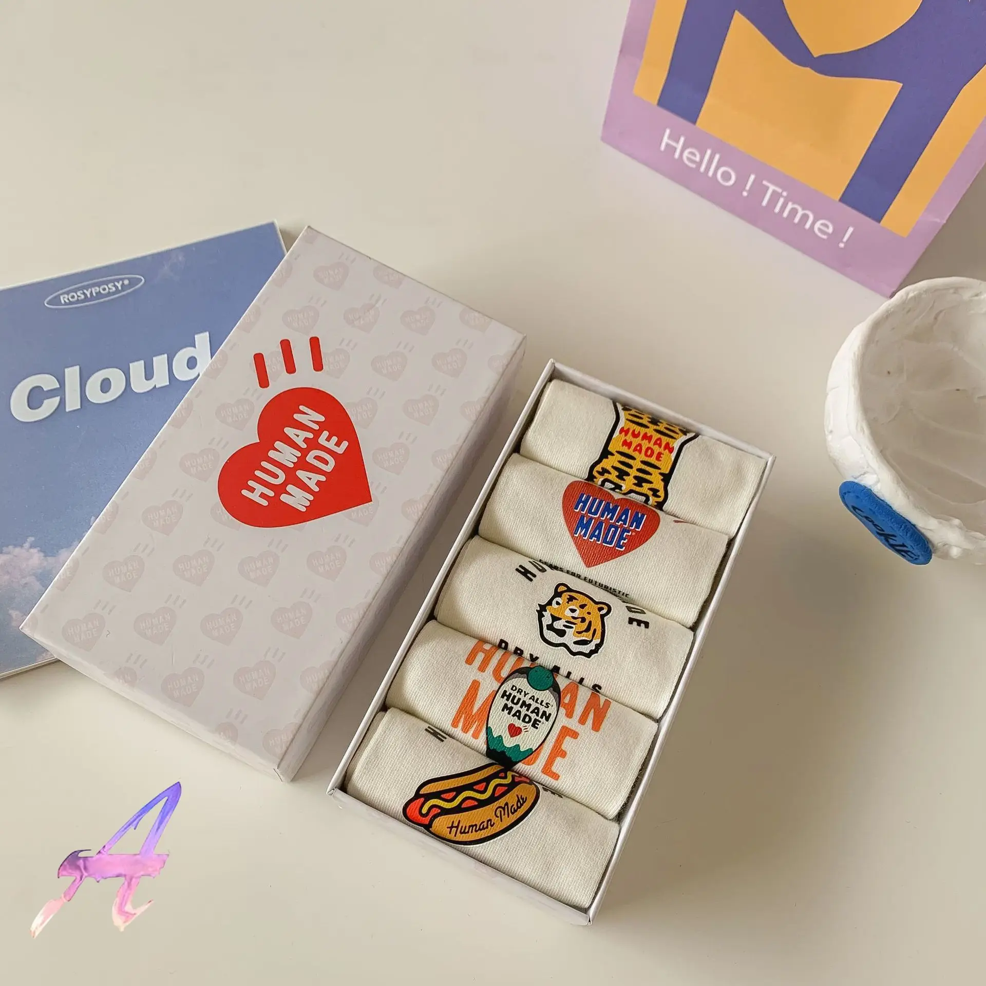 Human Made Printed Gift Box with Street Fashion Socks Tiger Head Love Duck Couple Skateboard Cotton Boat Socks