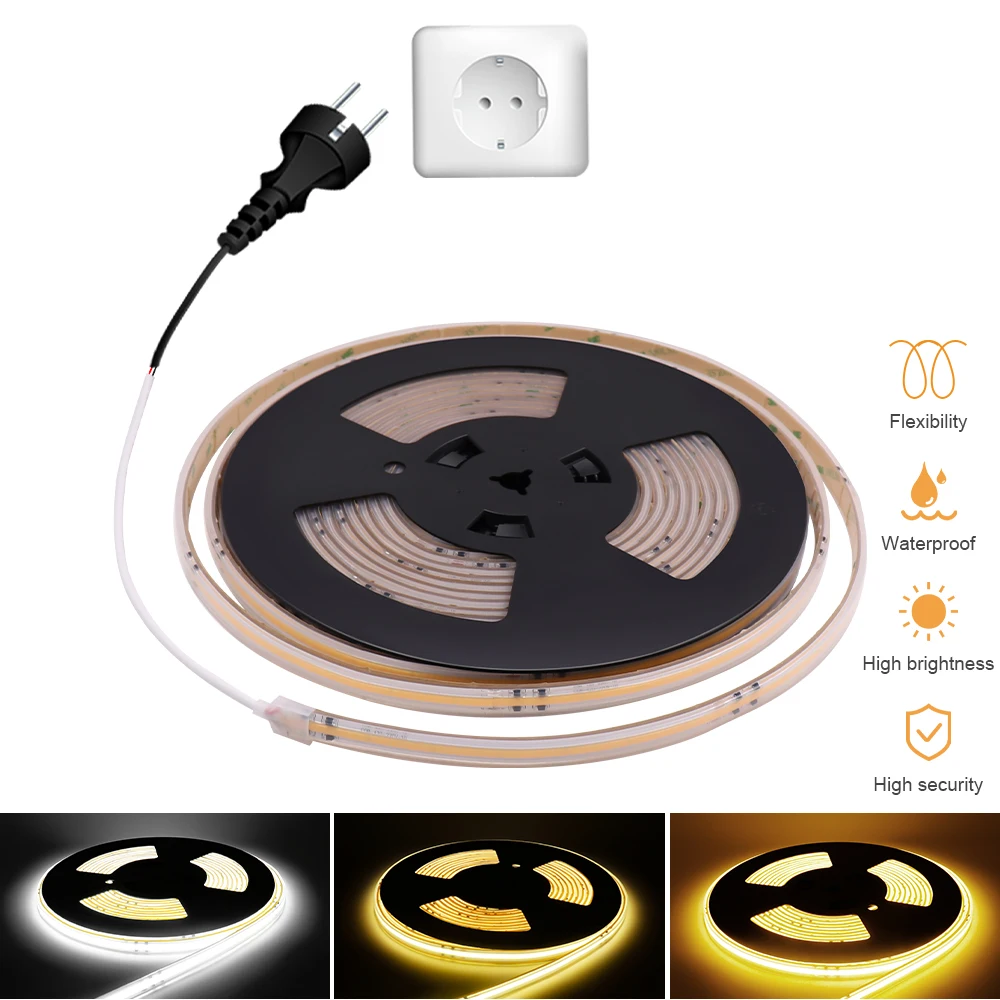 

High Bright COB LED Tape 220V 110V AC Power IP67 FCOB LED Strip Light Bar 20m 10m 5m Waterproof for Outdoor Kitchen Garden Park