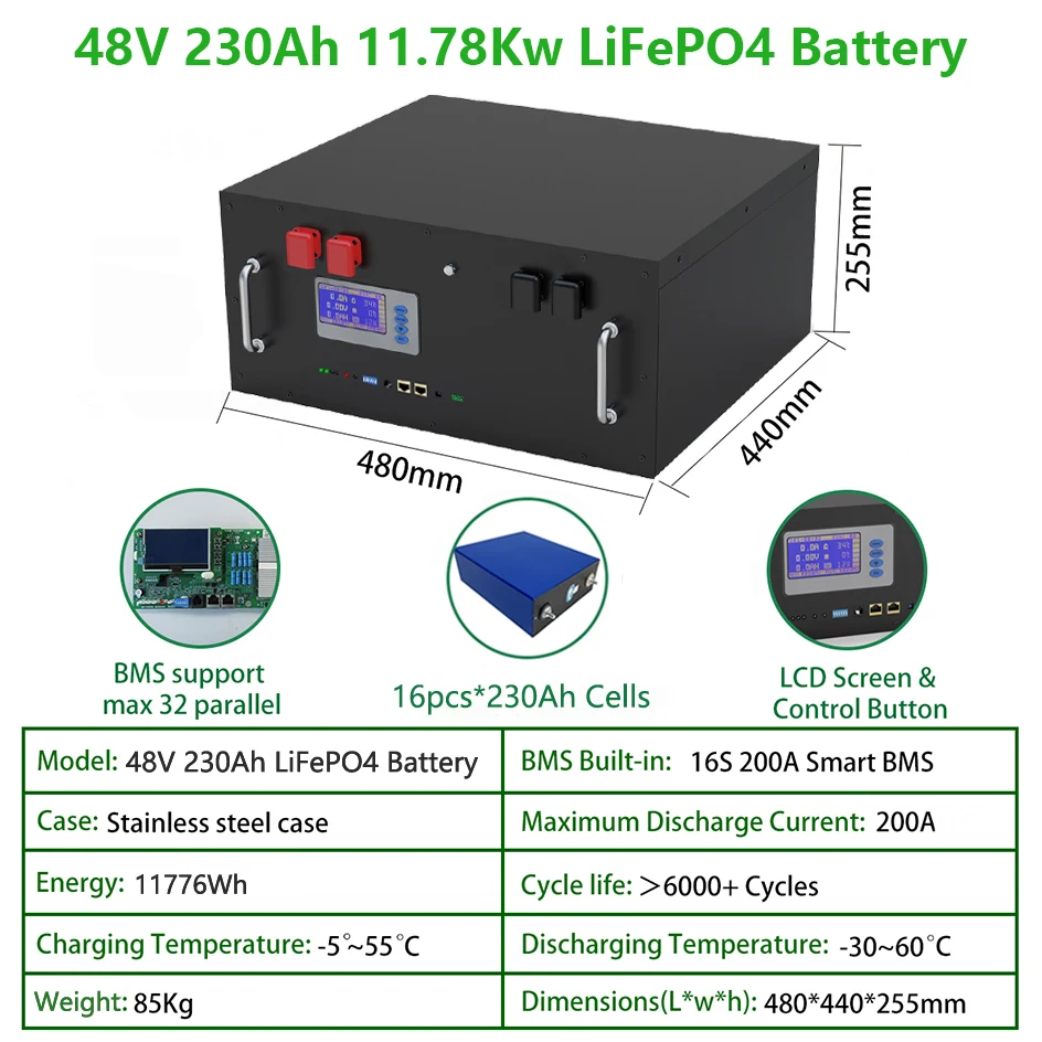 Аккумулятор LiFePO4 48 В 51 2 Ач 6000 в 12 кВт 10 циклов макс. 32 параллельная батарея
