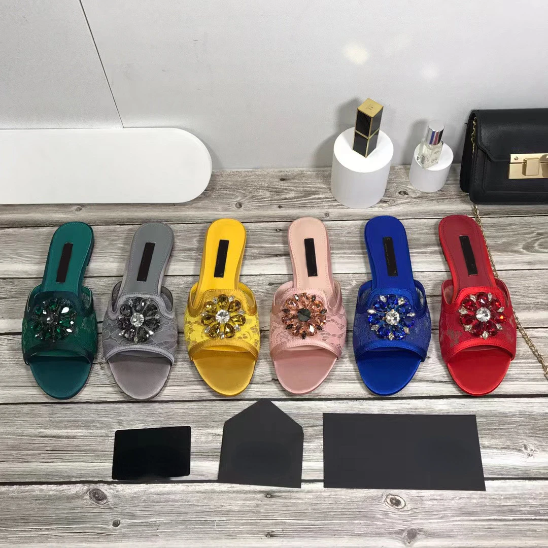 Lace Flat Bottomed Women's Outerwear Mesh Breathable Women's Large Flat Heel Rhinestone Slippers