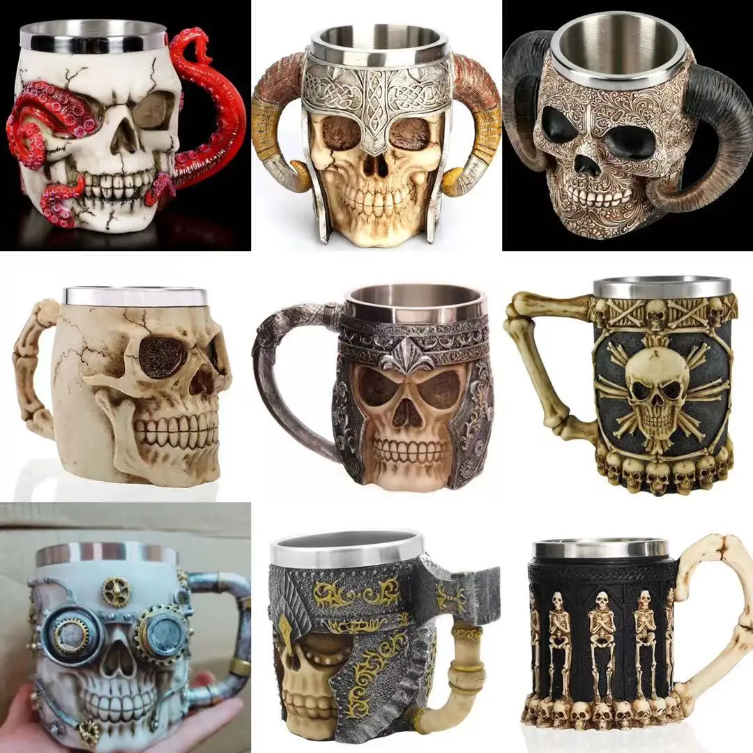 

Skull Beer Coffee Mug Stainless Steel Viking Warrior Skull Beer Mug Mechanical Gear Pipeline Design Beer Stein Tankard Drink Cup