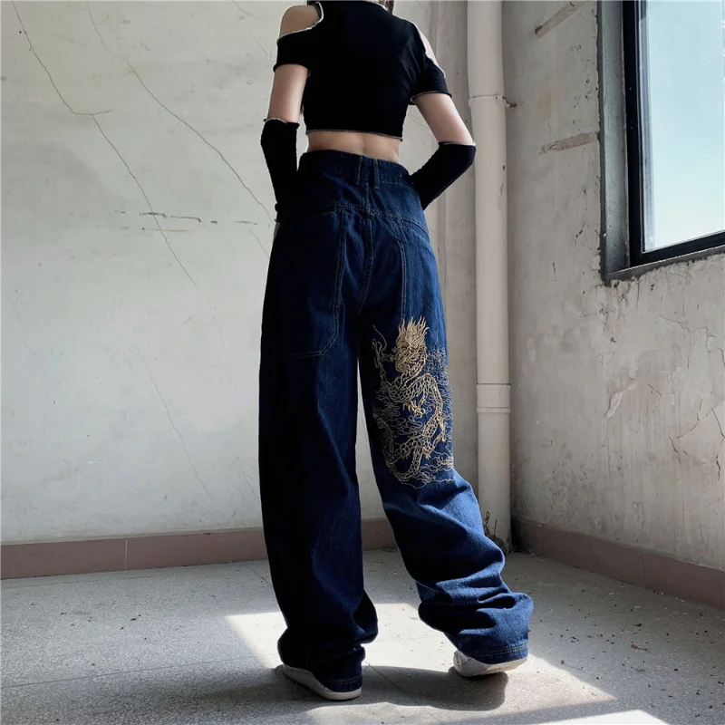 Fashion Dragon Embroidery High Waist Loose Jeans Streetwear Harajuku Women's Pants Y2k Jeans Clothing Oversized Gothic Punk