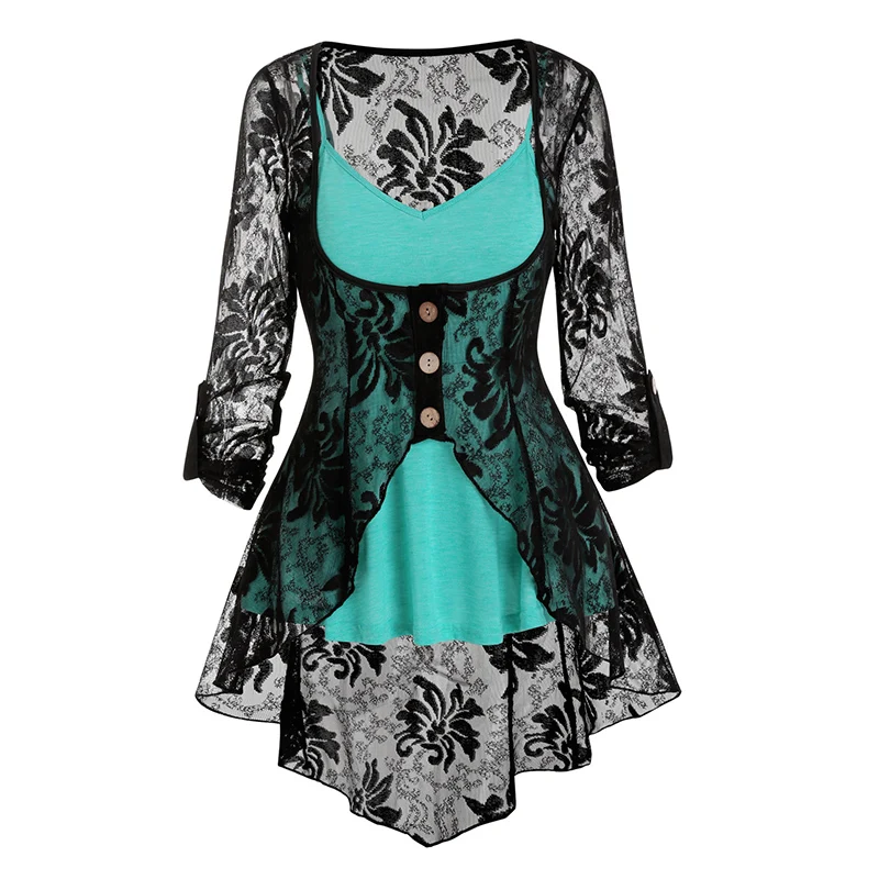 

Heather Cami Top And Floral Lace Mock Button Slit Long Sleeve Blouse Two Piece Top See Through Tee For Women