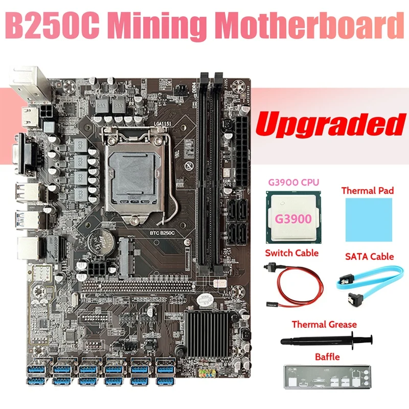 B250C ETH Miner Motherboard+G3900 CPU+Baffle+SATA Cable+Switch Cable+Thermal Grease+Thermal Pad LGA1151 12USB GPU Slot