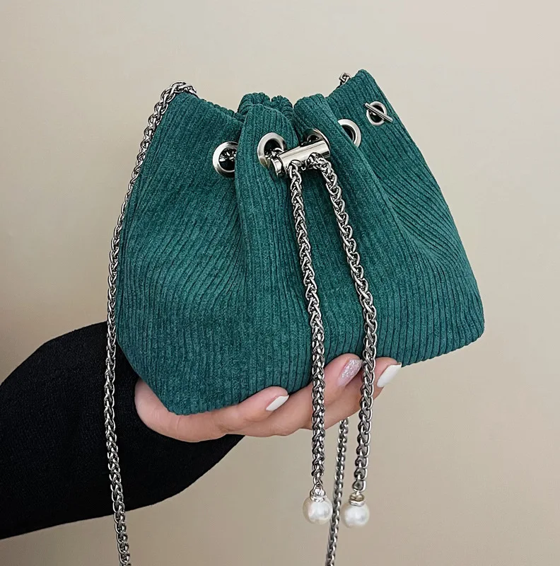 

Модная зеленая Вельветовая женская сумка-мешок на шнурке, женские роскошные сумки через плечо в стиле ретро, сумка через плечо с цепочкой дл...