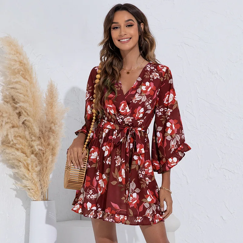 

Women Bohemian Floral V-Neck Dresses Loose Empire Three Quarter Sleeve Fashion Casual Belted Dress Mini Sundress Spring Summer