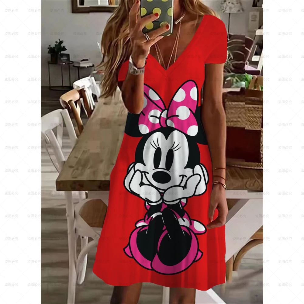

Disney Minnie Mickey Mouse Women Dresses Summer 2022 Women Summer Sexy V-neck Print Loose Mini Boho Dresses Vestidos Mujer