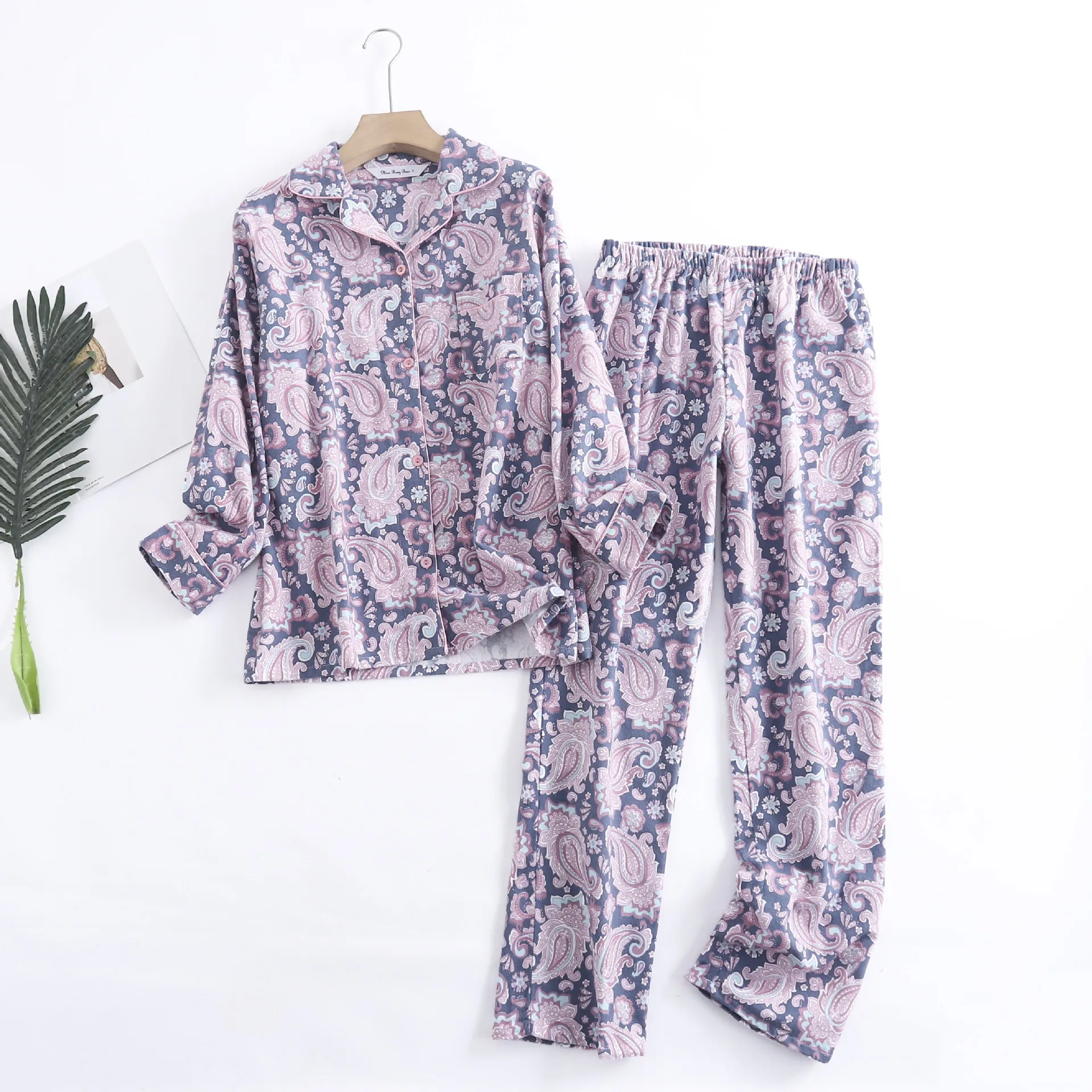 Cotton Flannel Trouser Pajamas Suit for Home Wear Simple Printed Loose Autumn and Winter Long Sleeve Pant Pyjamas Women Sets