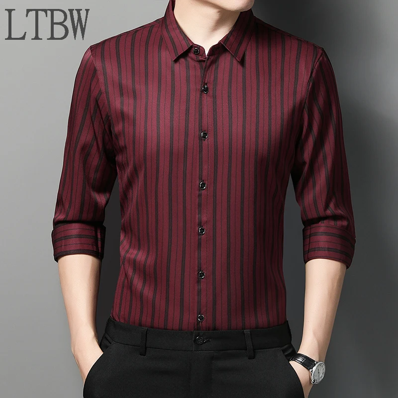 

LTBW New Men's Long Sleeve Vertical Striped Shirt Casual Long Sleeve Top