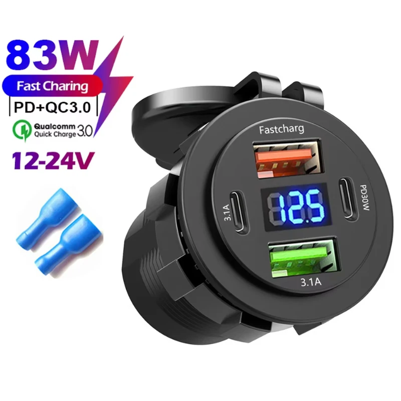 

НОВОЕ 4-портовое автомобильное зарядное устройство с двумя портами PD Dual QC 3.0 USB с розеткой вольтметра, водонепроницаемый адаптер для автомобильной лодки 12 В/24 В
