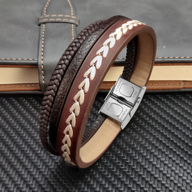 

2022 New Style Brown Multilayer Man Bracelet Leather Braided Rope Stainless Steel Clasp Hand Bracelets Fashion Men Jewelry