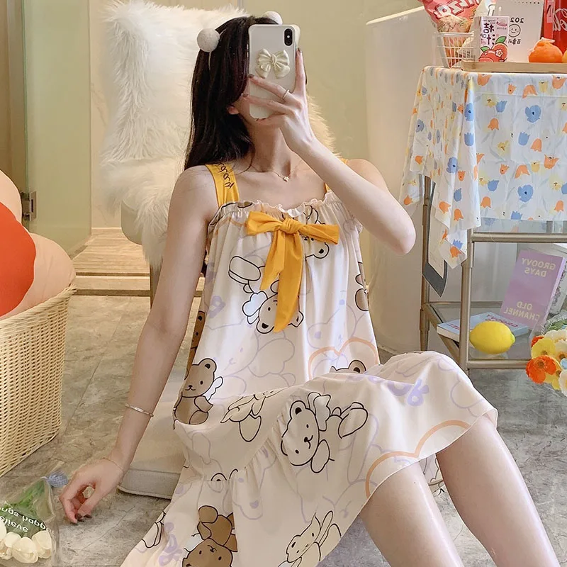 

Summer Sweet Sling Nightdress For Girls Kawaii Bow Decor Sleep Dressing Camisoles Fashion Chic Women Polyester Cotton Nightgowns