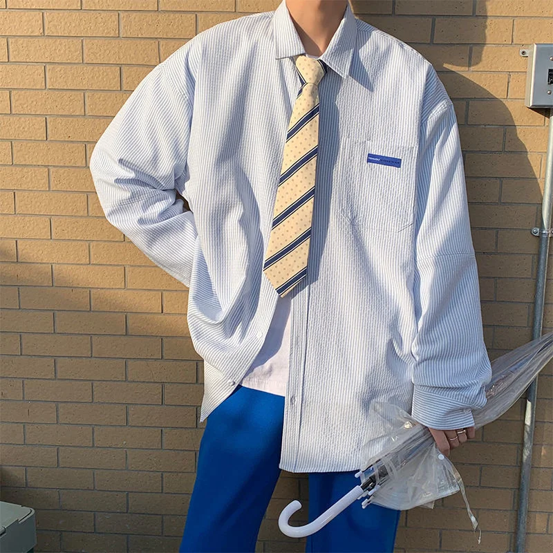 

Privathinker Long Sleeve Pleated Men's Shirt Striped Casual Loose Fashion Brand Korean Clothing Harajuku Cardigan Male Blouses