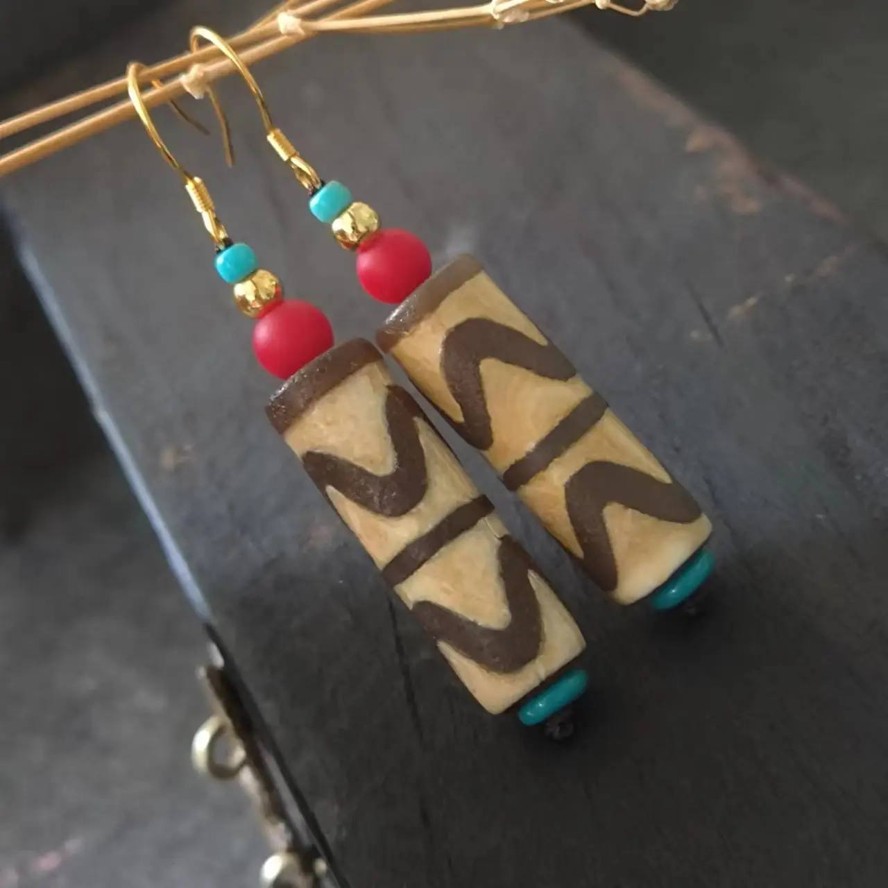 

1pcs/lot Natural Double Tiger Tooth Agate Dzi Beads Earrings S925 sterling silver glass handmade retro folk-custom accessories