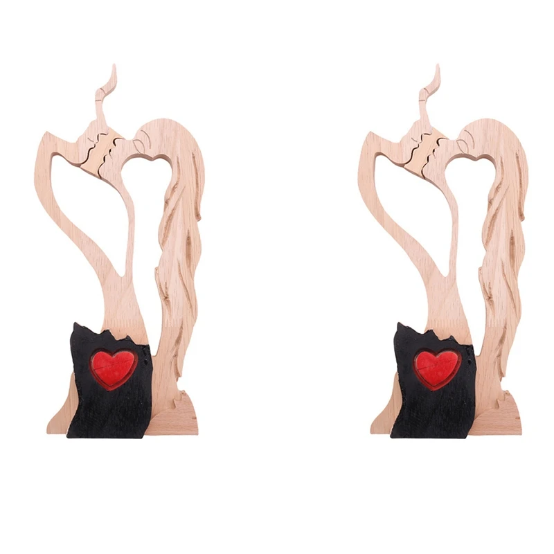 

AT14 2X Love Eternal Wood Ornaments Wooden-Heart Desktop Sculpture Couple Kissing Statue Love Art Ornaments