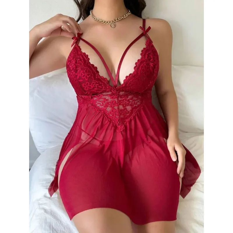 

Сексуальное нижнее белье, газовая прозрачная Пижама, кружевная ночная рубашка с вышивкой и лямкой на шее, Женская домашняя одежда, нижнее белье, женское кружевное белье с вырезами