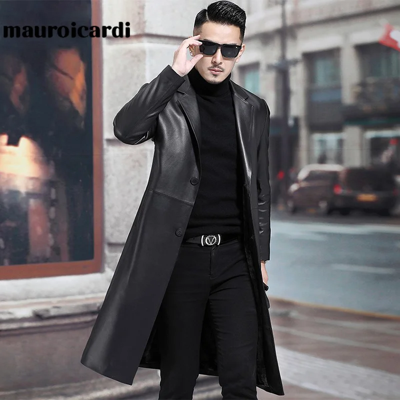 

Mauroicardi Spring Autumn Long Black Mens Leather Blazer Jacket Long Sleeve Lapel Plus Size Faux Jeather Coat for Men Style 5xl