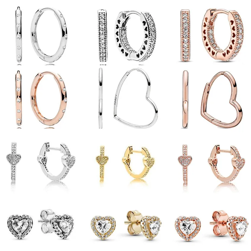 Authentic 925 Sterling Silver Golden Shine Sparkling Elevated Heart Earring For Women Wedding Gift Fashion Jewelry