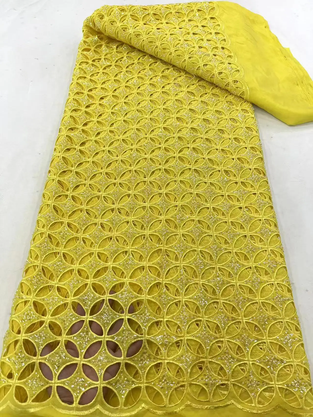 

Yellow African Cord Lace Fabric Beaded Tulle Embroidery French Sequins Lace Fabric 2023 High Quality Milk Silk Laces For Wedding