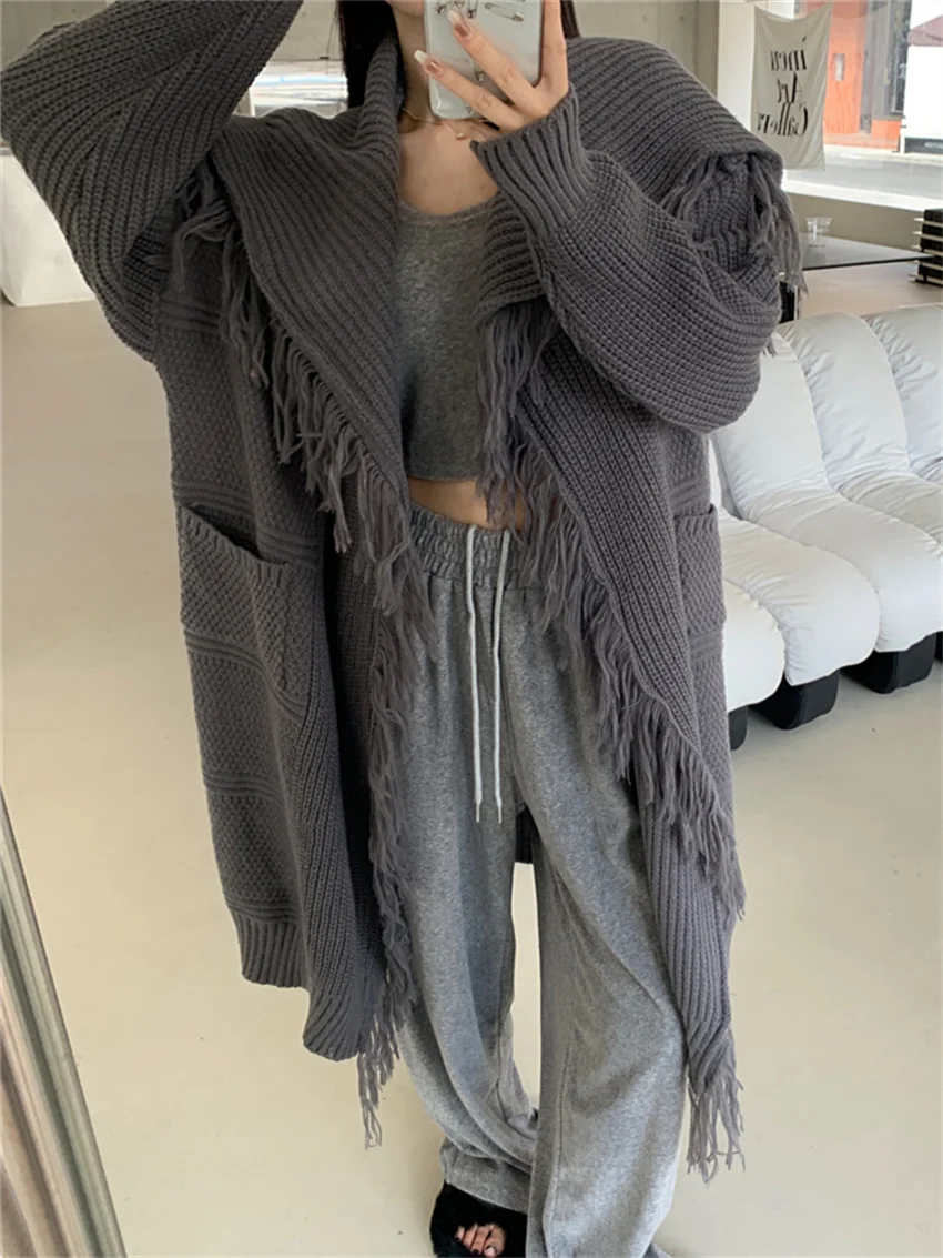 

HziriP Gentle Oversize Women Coats Tassel Lazy Style Full Sleeve 2022 Cardigans Autumn Loose Chic Casual OL Knitted Sweaters