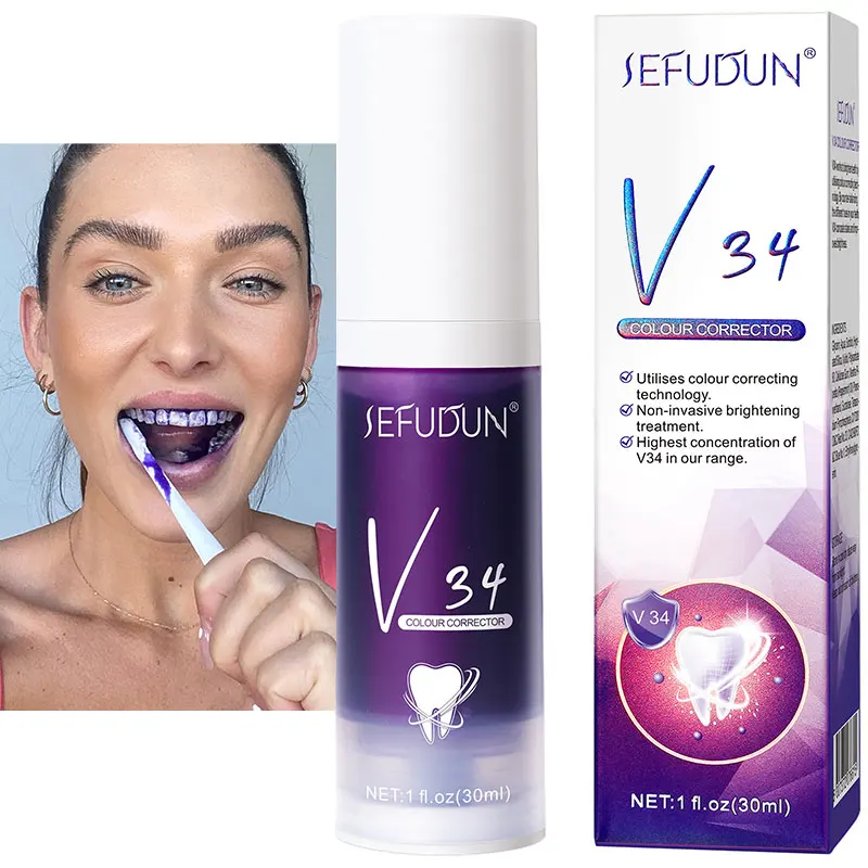 V34 Colour Corrector Purple Whiten Tooth Remove Teeth Stains Teeth Whitening Booster Purple Toothpaste Color Correcting 30ml