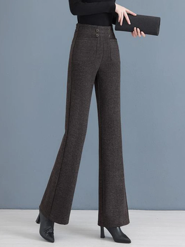 Утепленные шерстяные брюки больших размеров с высокой талией на флисовой