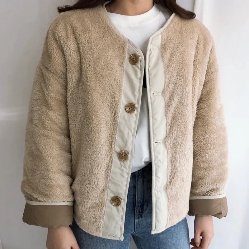 Clothland Women Thick Fur Padded Jacket Reversiable Wear Long Sleeve Pockets Winter Casual Warm Coats Tops CA462