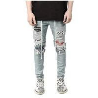 fashion casual mens jeans street hip hop travel sports jeans plaid denim ripped patch pencil pants slim stretch belt trousers