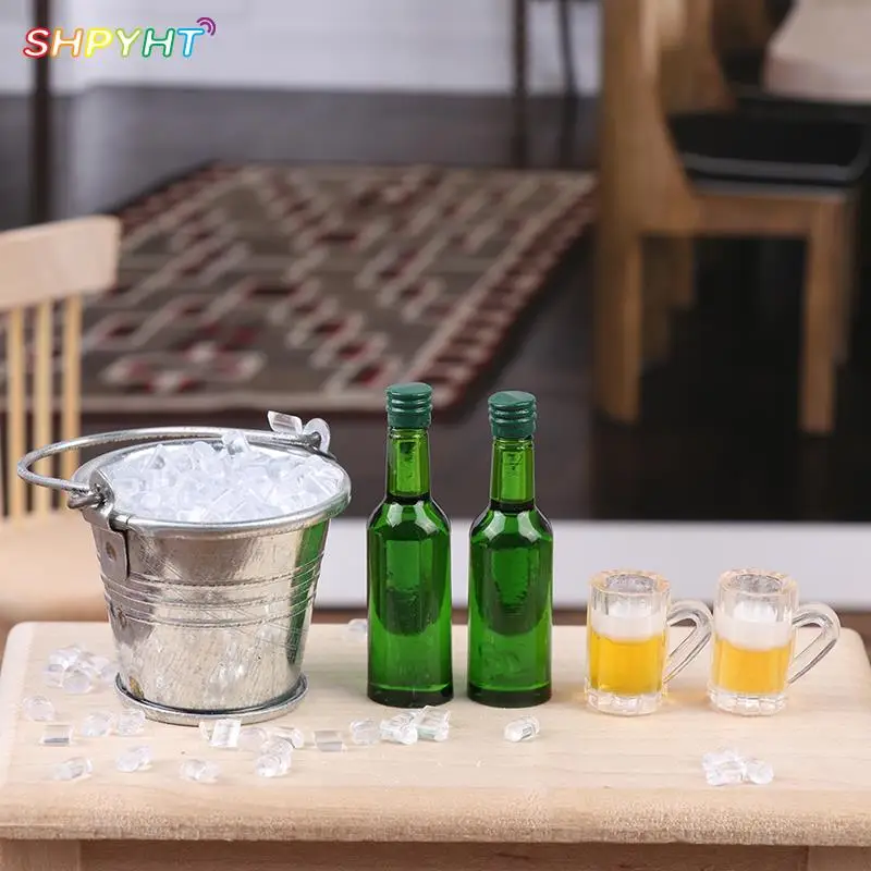 

1Set 1/12 Dollhouse Miniature Mini Iced Bucket Ice Beer Bottles Glasses Model Simulation Toys for Doll House Decor Accessories