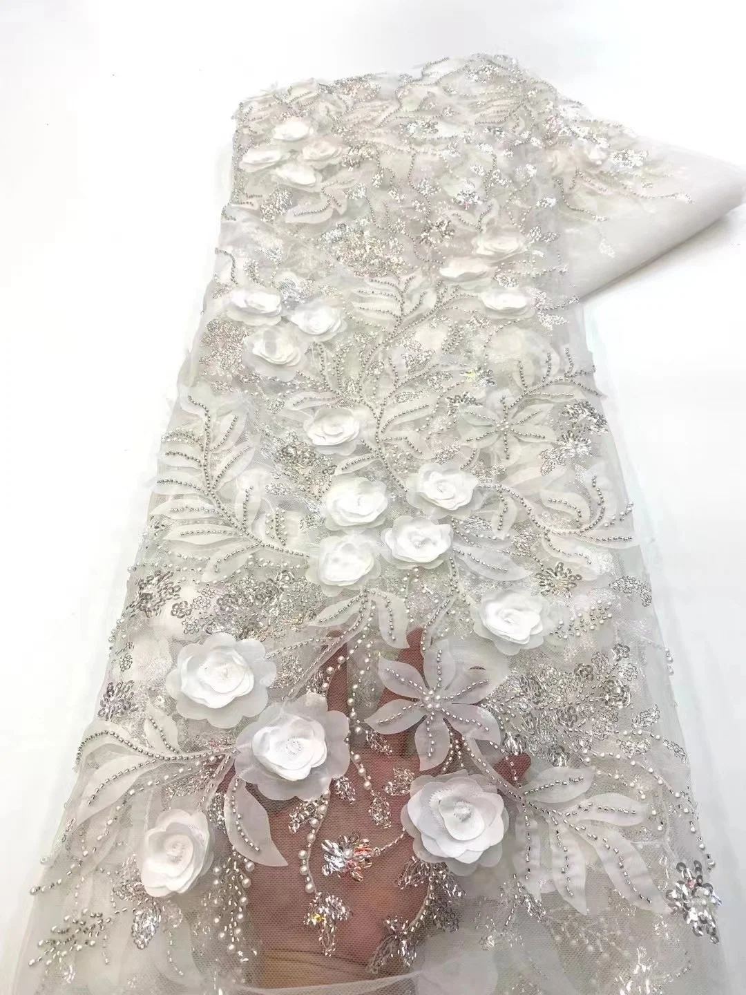 

White African 3D Lace Fabric 5 Yards 2022 High Quality With Beads Embroidered French Nigerian Sequins Lace Fabric For Wedding