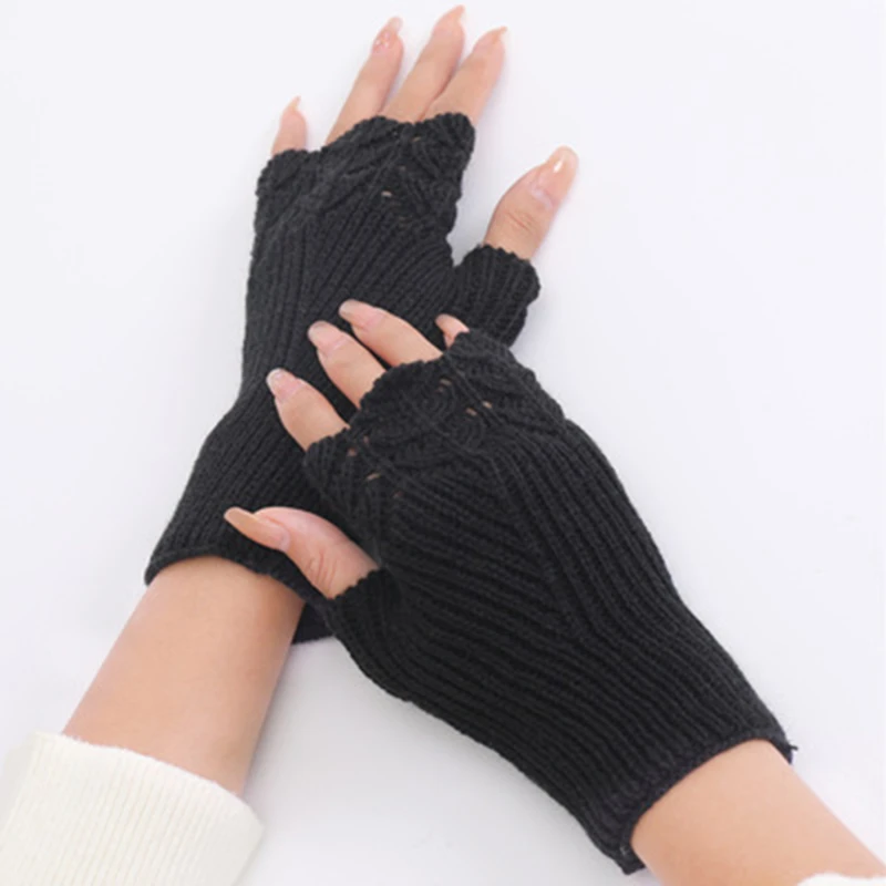 

Korean Knitting Gloves Women Autumn Winter Gloves Female Student Fashion Versatile Knitted Warm Half Finger Open Finger Gloves