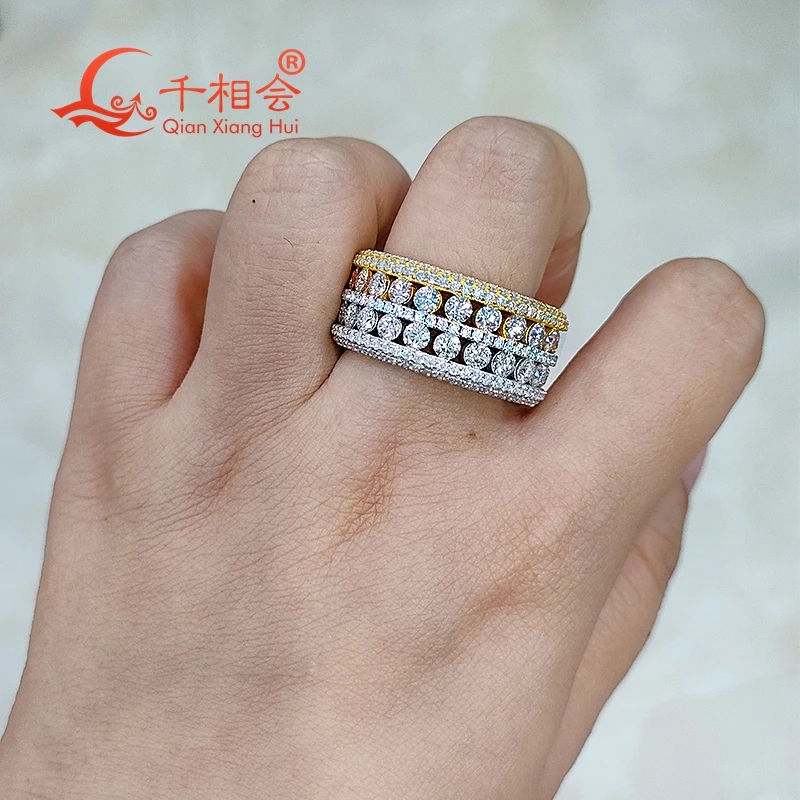 11.8mm Double color yellow and silver three full Moissanite Ring Round Brilliant Diamonds Engagement  Male women Wedding Jewelry