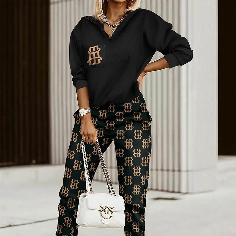 

LKF 2022 New Women's Trousers Suit Elegant Casual Stitching V-Neck Hooded Pullover Half Zip Top + Trousers Sports 2 Piece Set