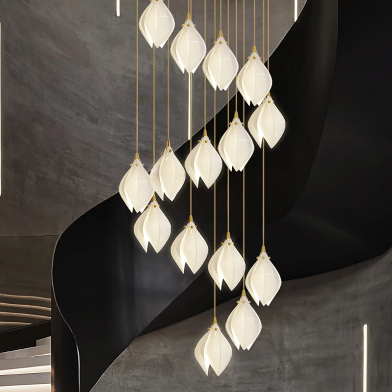 

Art Led Chandelier Pendant Lamp Light Modern Ceramic Magnolia Flower Lighting Living Dining Room Loft Stair Hanging Luminaire