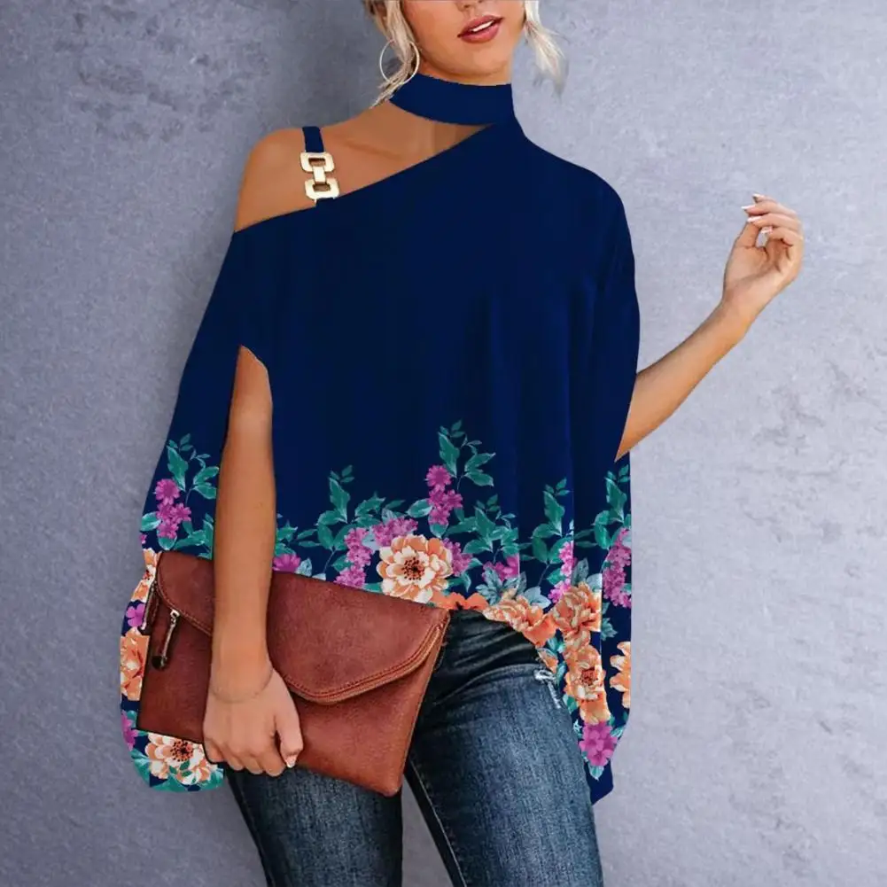 

Polyester Soft Women Office Off Shoulder O-neck Shirt Top Print Summer Top Charming for Travel