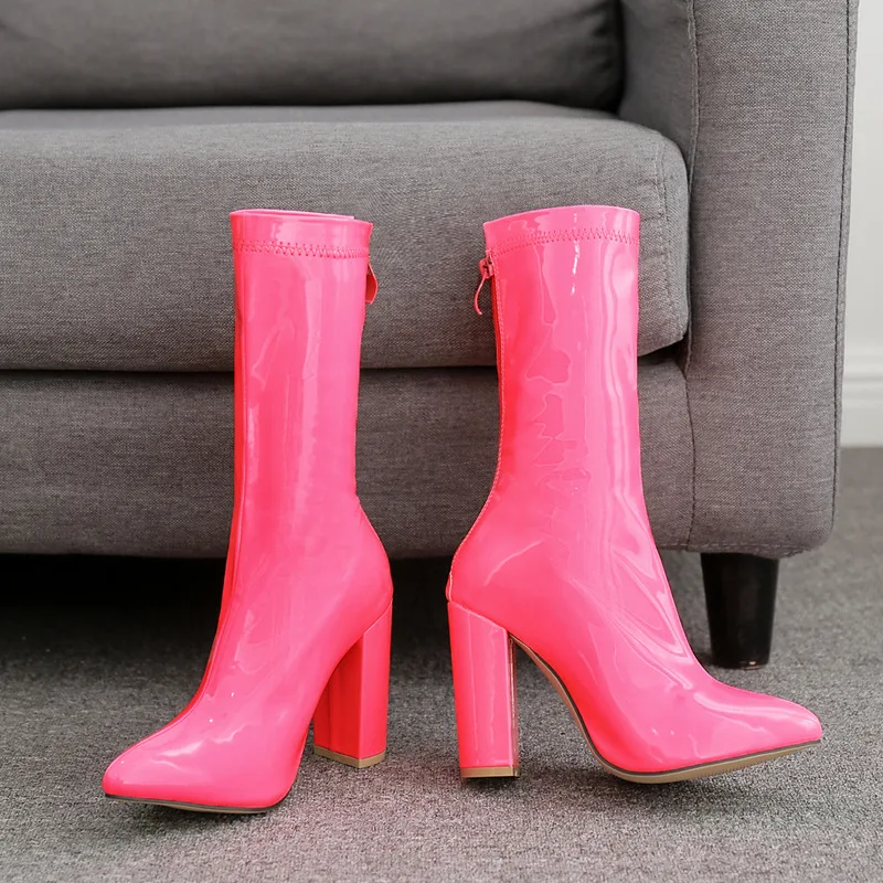 2022 Sexy Fashion Fluorescent Green Red Ankle ZIP Boots High Heels  Women Autumn Chelsea Boots Pointed Toe Women Pumps