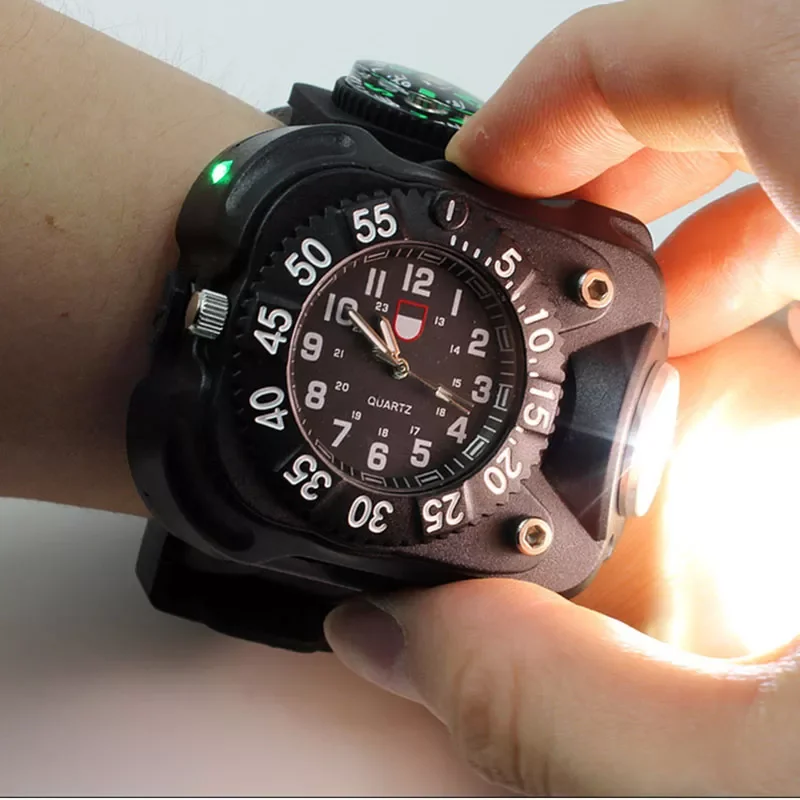 

3in1 Super Bright Led Watch Flashlight Torch lights Compass Outdoor Sports Mens Fashion Waterproof Rechargeable Wrist Watch Lamp