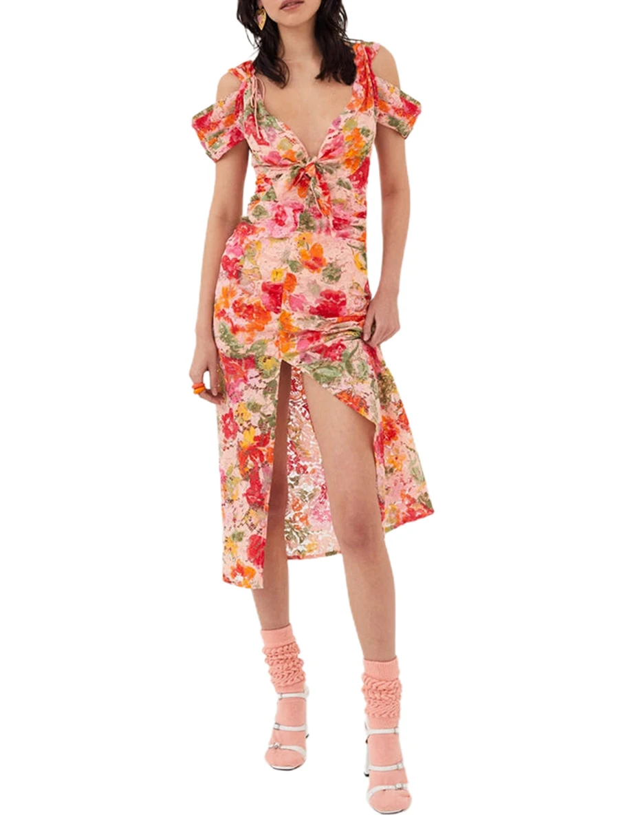 

Women s Boho Chic Floral Print Off-Shoulder Maxi Dress with Ruffled Hemline - Perfect for Summer Parties and Beachwear