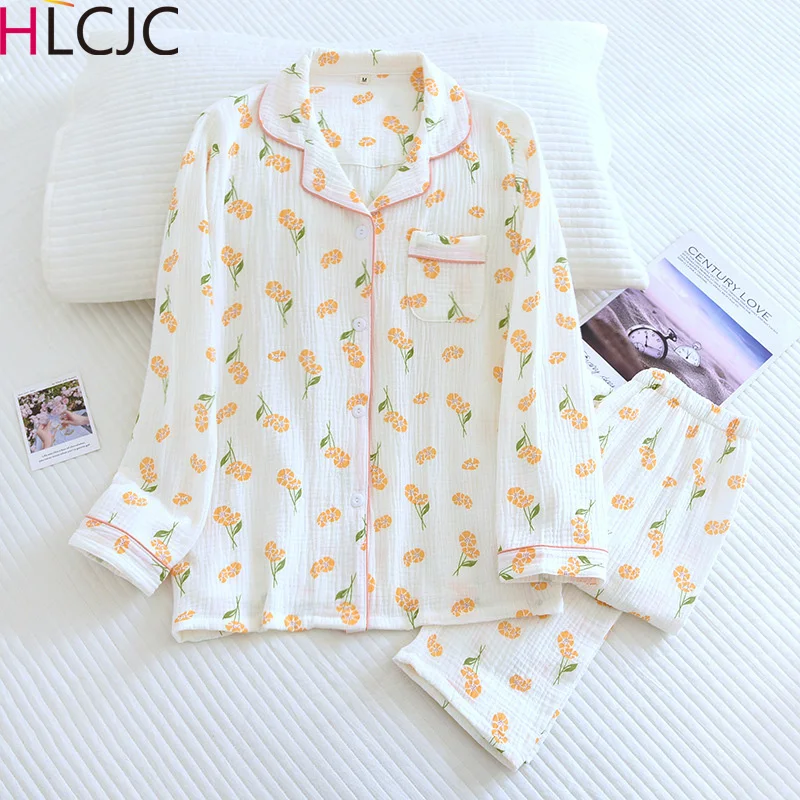 

Новинка 2023, пижама большого размера, Женский костюм из хлопка и крепа с длинными рукавами и брюками, простой и удобный домашний костюм для женщин