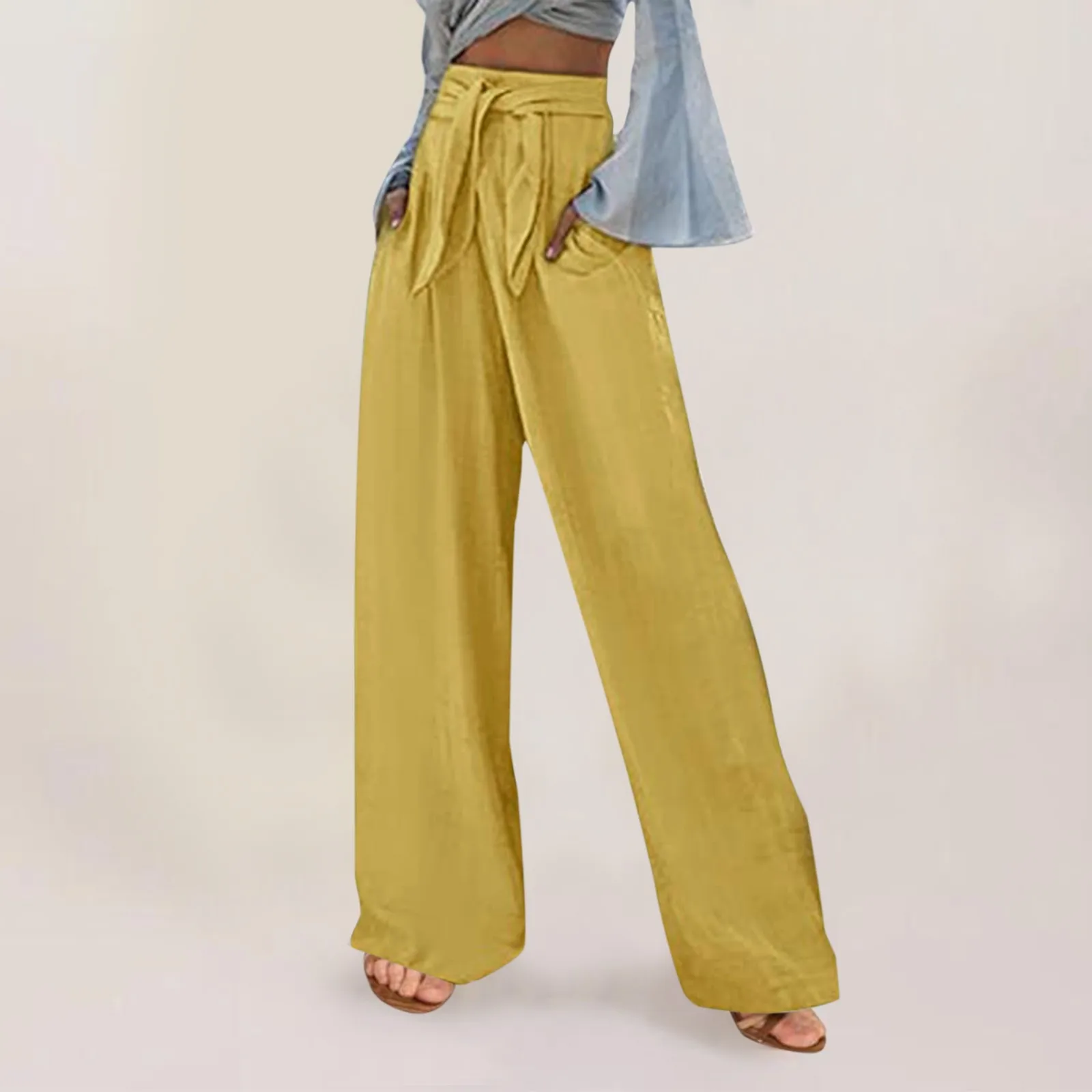 

Women's Casual Solid Color Loose Trousers Vintage Fashion Elastic Belt Waist Long Pants Cotton Linen Wide Leg Pockets Pants