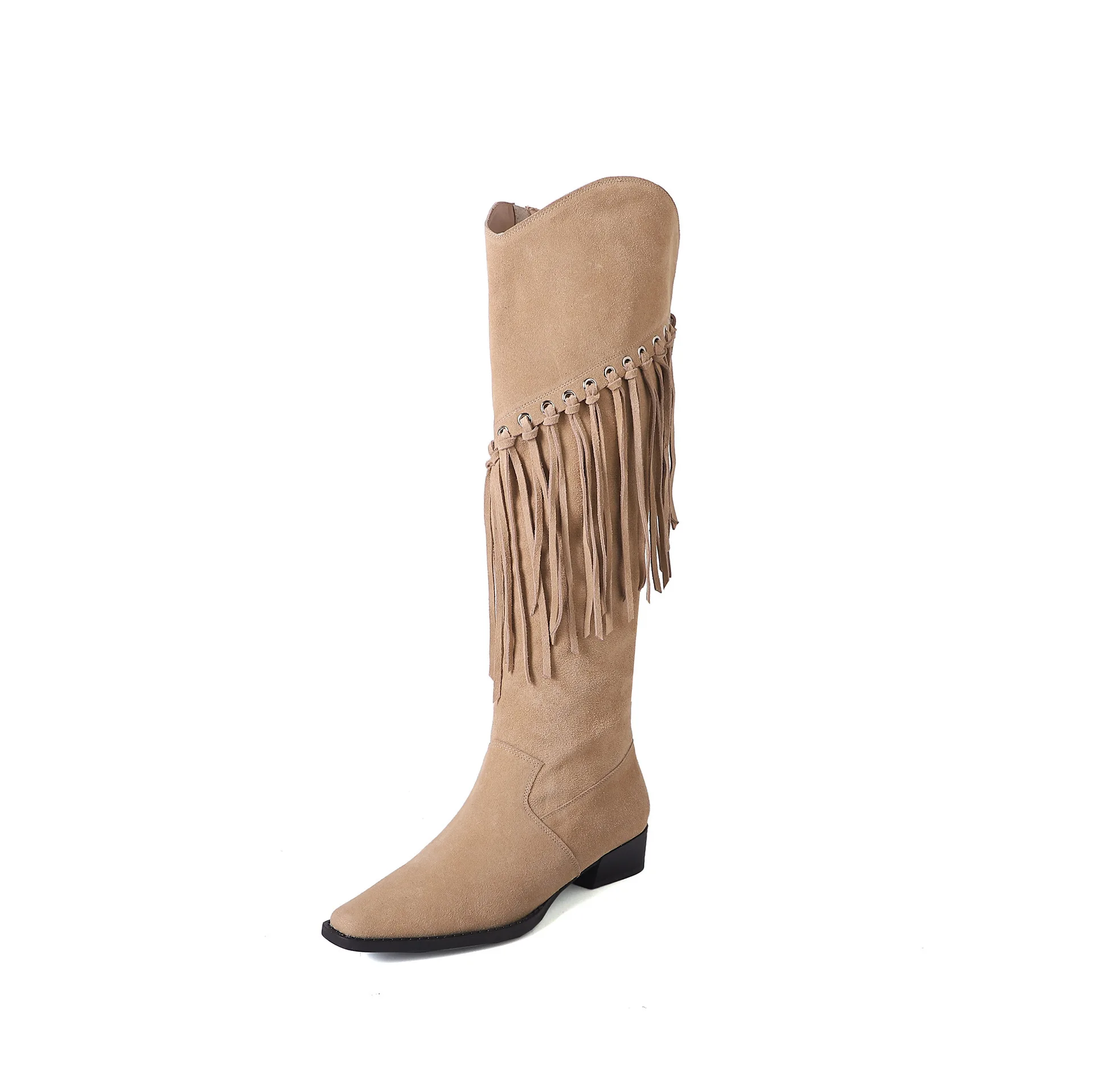 

Design Women Square Toe High Woven Fringe Boots Long Knee High Boots