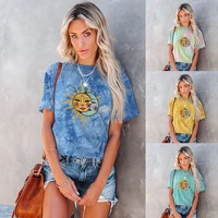 new spring and summer fashion ladies casual tie dye sun moon print fashion retro round neck loose t shirt short sleeve