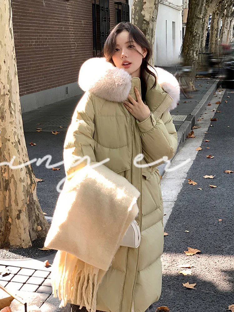 Пуховик с большим лисьим меховым воротником зимняя мода свободный пуховик