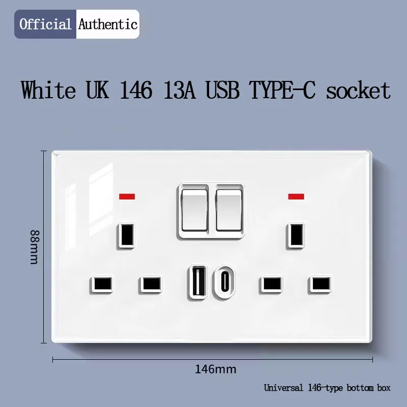 Фото Универсальная USB-розетка 86/146 с двумя портами 2А, зарядное устройство с выключателем, панель из хрустального стекла, Type-C, быстрая зарядка 20 Вт №4