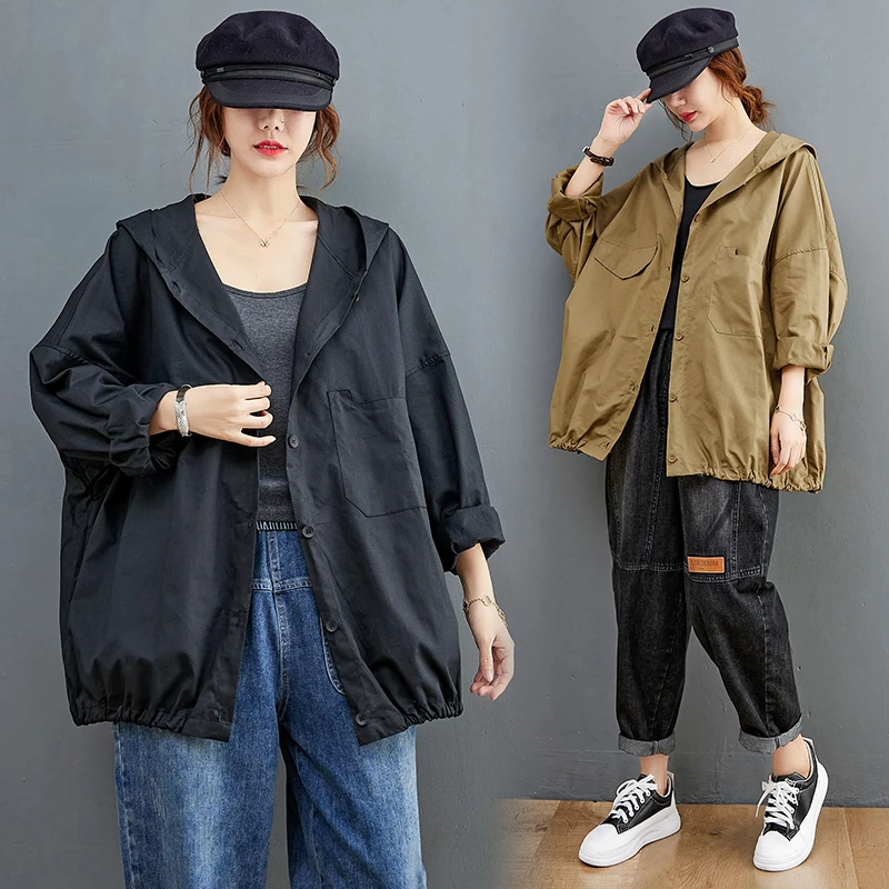 

2023 New Arrival Spring/Autumn Women Hooded Trench Coat Loose Windbreaker Long Sleeve Tops Outerwear Coats Cardigan Jackets