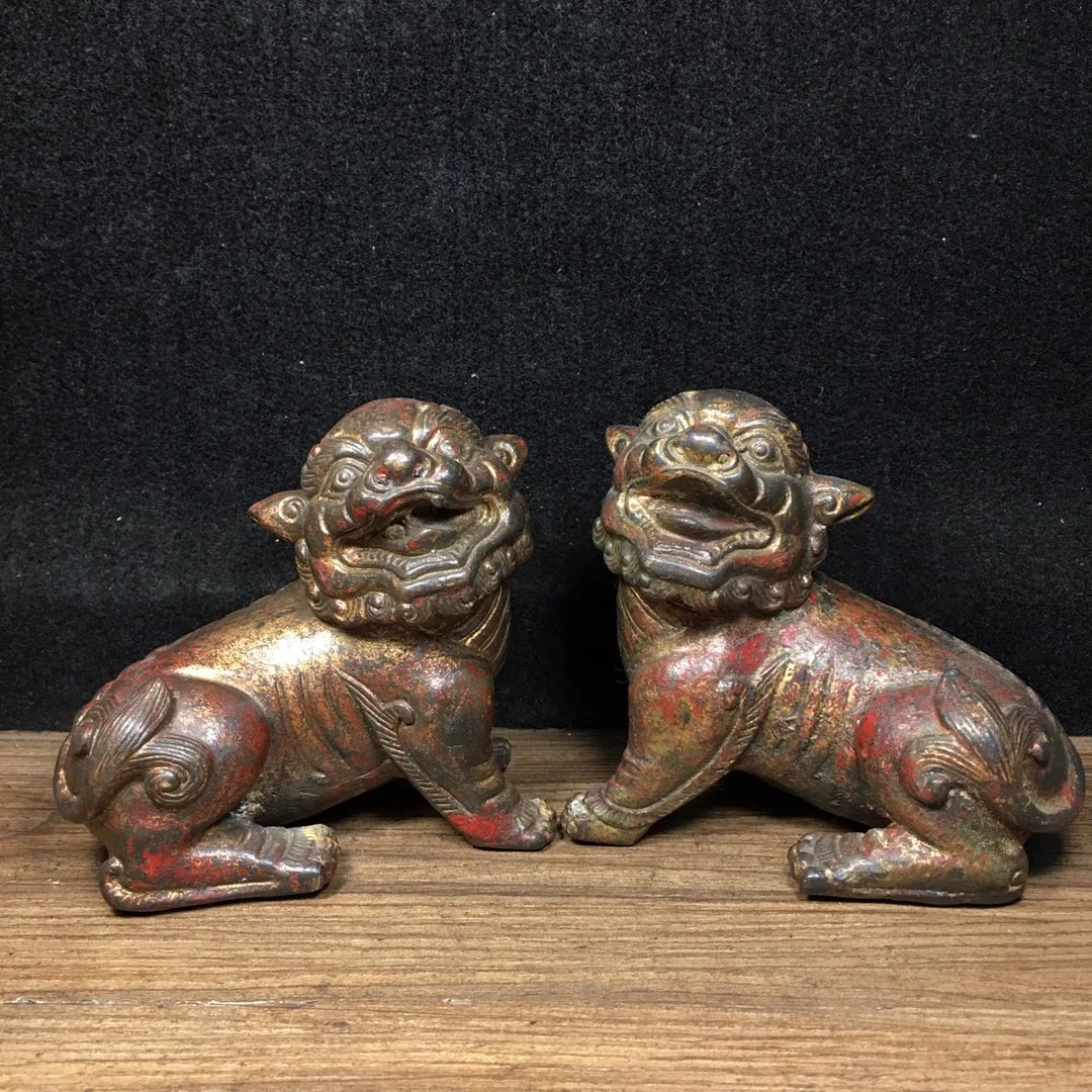 

4"Tibetan Temple Collection Old Bronze Cinnabar Gilt Lion statue Door lion a pair Amass wealth Ornaments Town House Exorcism