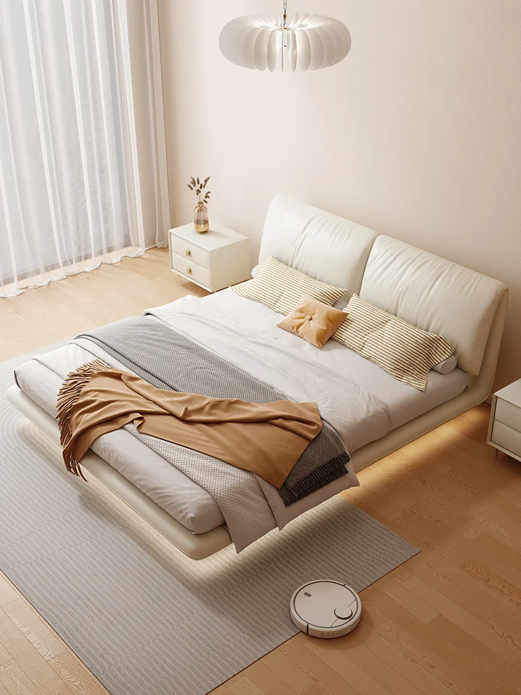 

Brand new floating bed steel frame lightweight luxurious modern solid wood Italian leather double bed elephant ear master bedroo