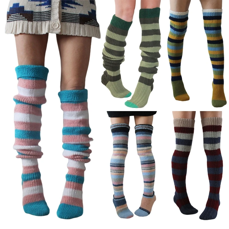 

Women Vintage Colorful Striped Knitted Thigh High Tube Stockings Preppy Style Slouchy Over Knee Boot Socks Leg Warmers