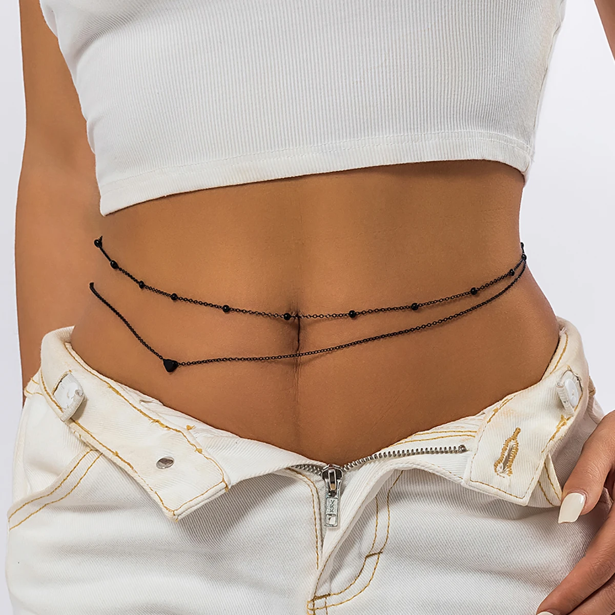 

Lacteo Gothic Black Waist Beads Heart Charm Belly Chain for Women Sexy Bikini Jewelry Small Round Beads Body Chain Summer Beach
