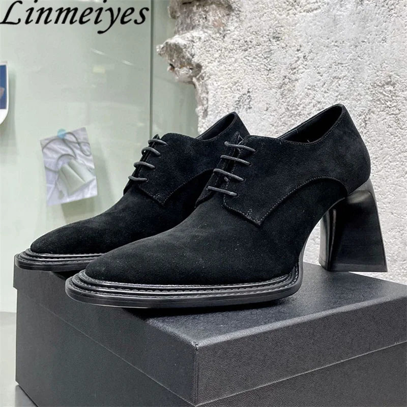 

Туфли-лодочки женские на высоком квадратном каблуке, замшевые модельные туфли с квадратным носком, на шнуровке, в британском стиле, кожаные